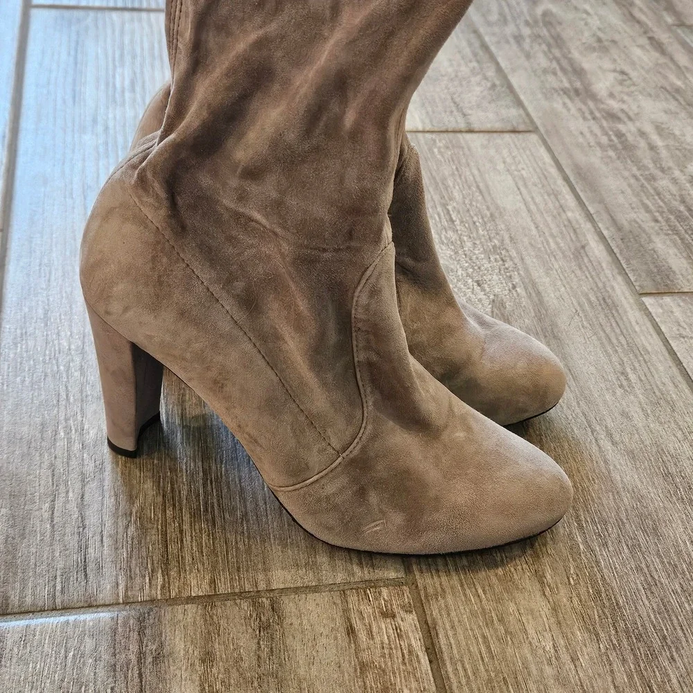 Stuart Weitzman Over The Knee Boots Size 7 Taupe Suede Block Heel Tie Back Chic